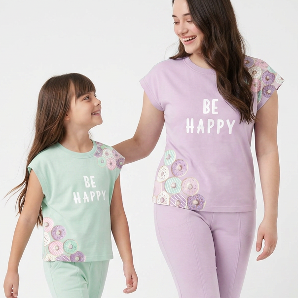 Woman and child wearing matching 'Be Happy' pajamas on a white background