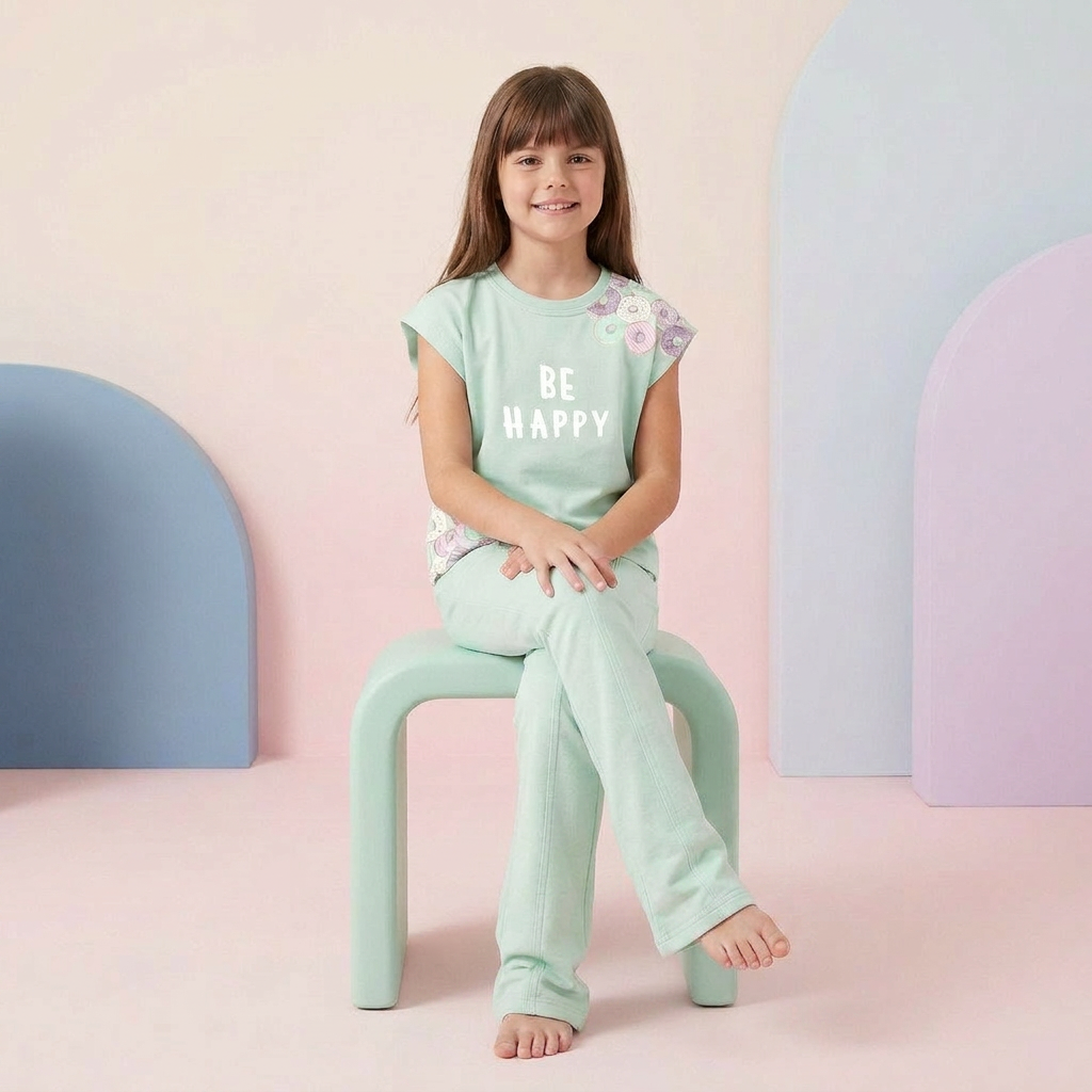 Young girl wearing a 'BE HAPPY' shirt sitting on a small stool against a pastel background.