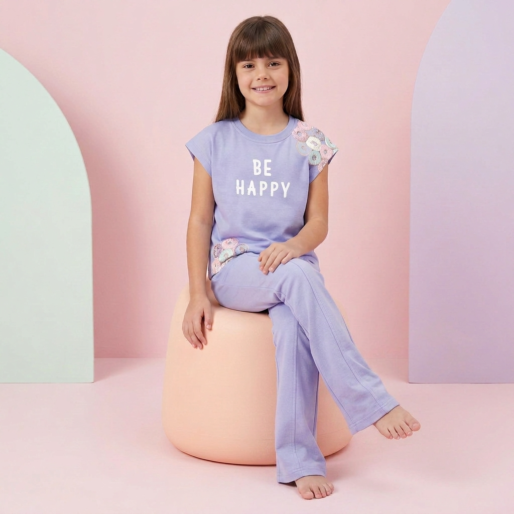 Young girl wearing a 'Be Happy' shirt sitting on a pink stool against a pastel background