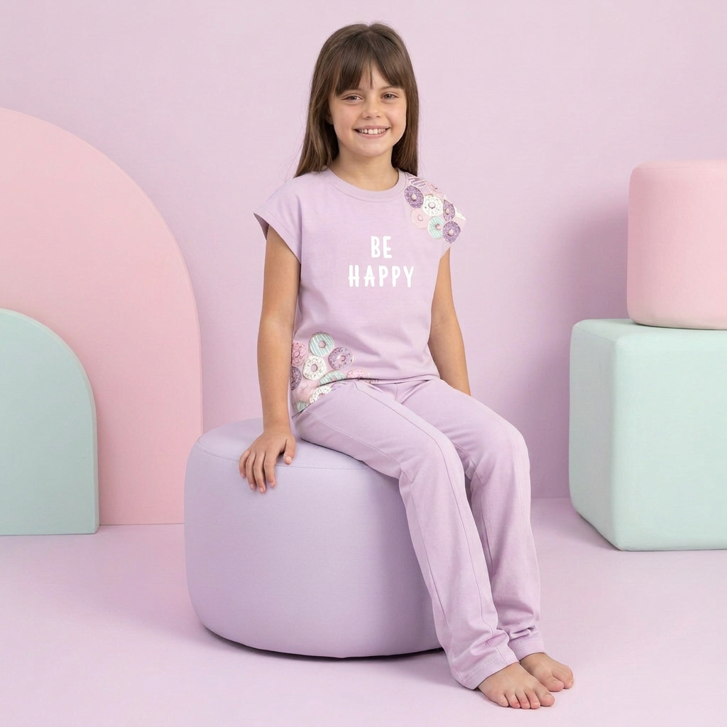 Young girl in a pink 'Be Happy' outfit sitting on a pastel-colored foam ball.