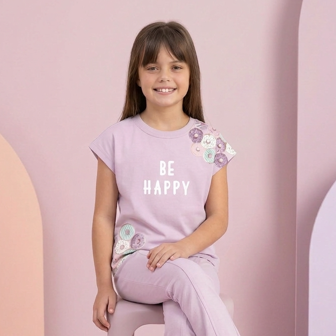 Young girl sitting on a stool wearing a 'Be Happy' pajama set against a pink background
