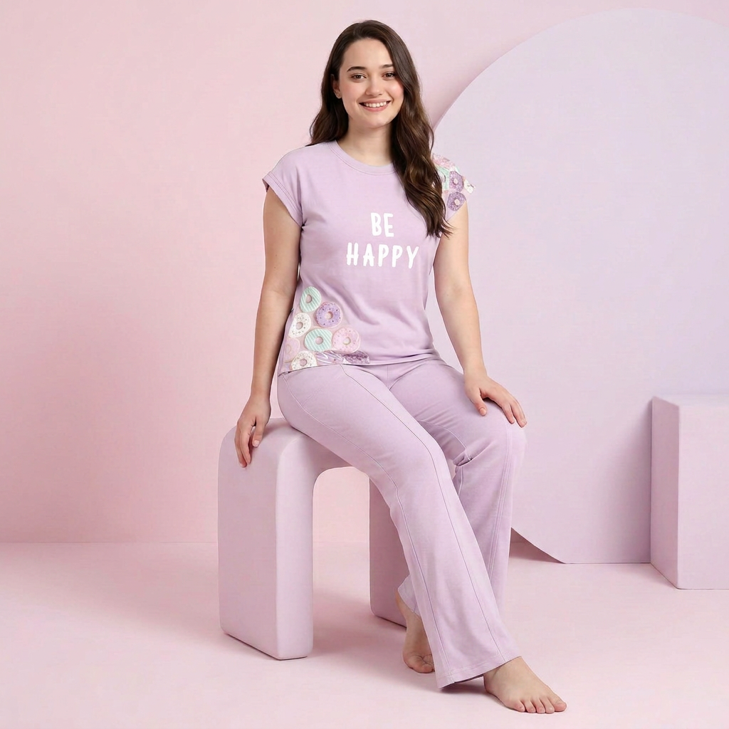 Woman wearing a pink pajama set with 'Be Happy' text on a pink background