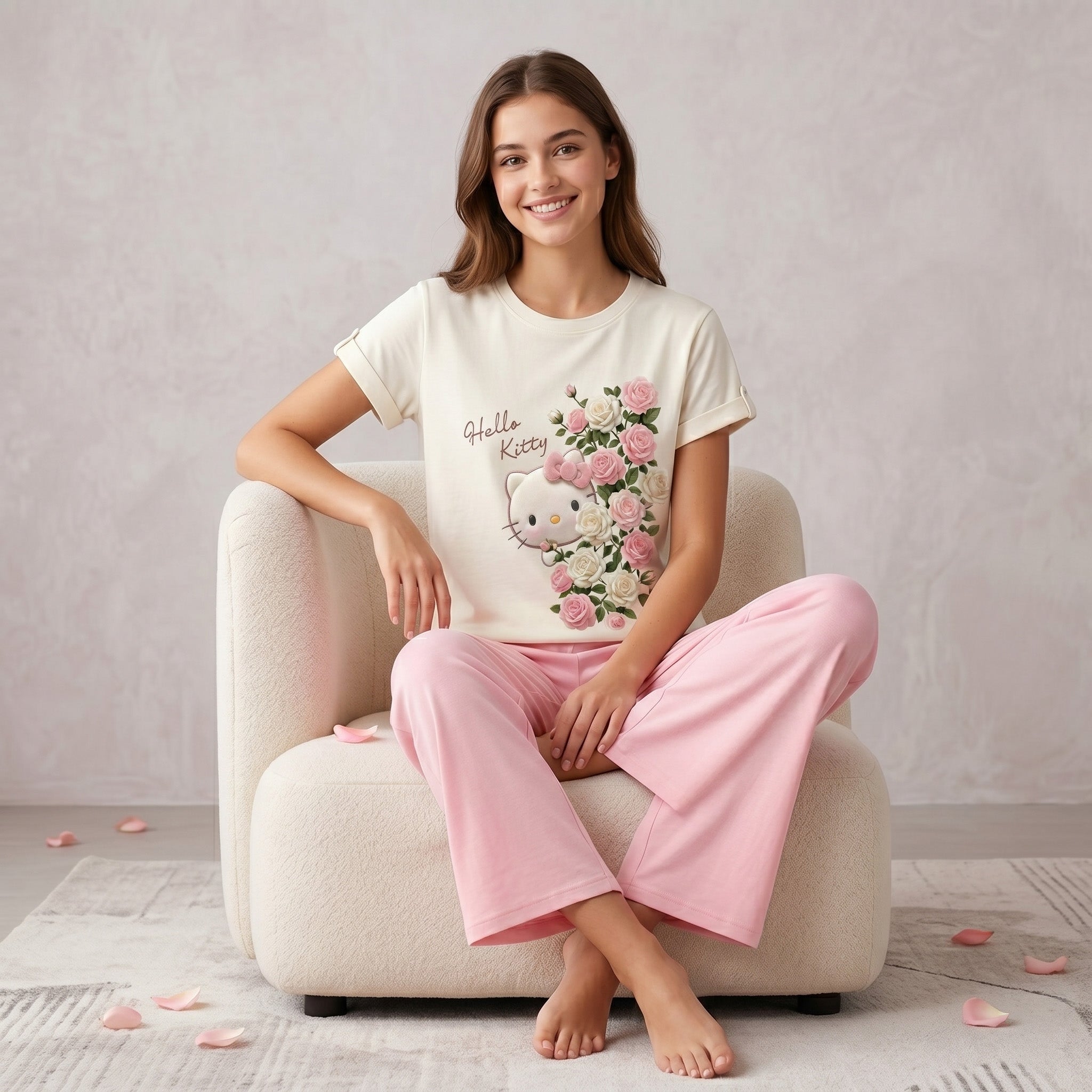 Woman wearing a Hello Kitty pajama set sitting on a chair with a light gray background.
