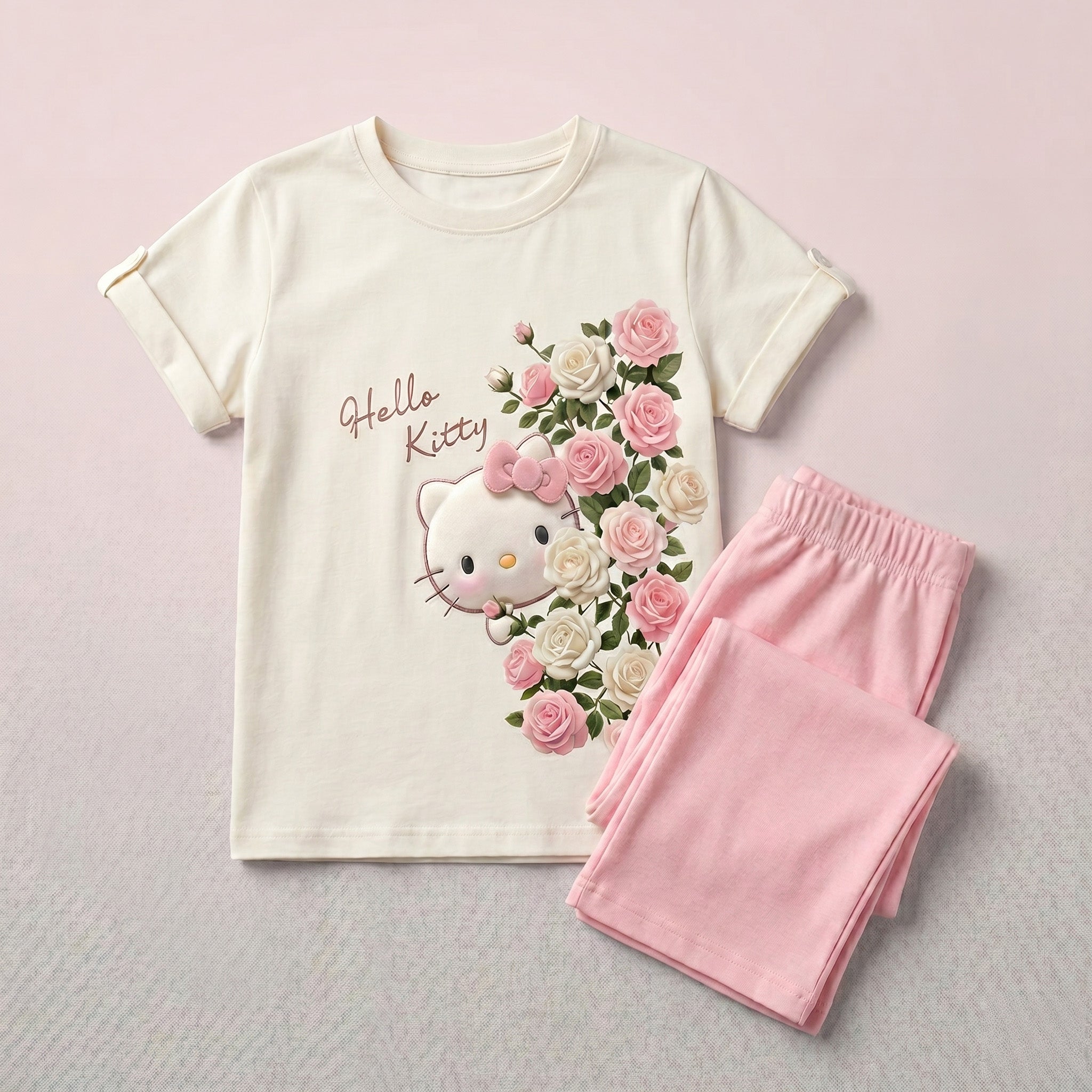 Hello Kitty t-shirt with floral design and pink pants on a light pink background