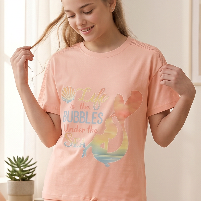 Woman in pink pajama set standing in a bedroom