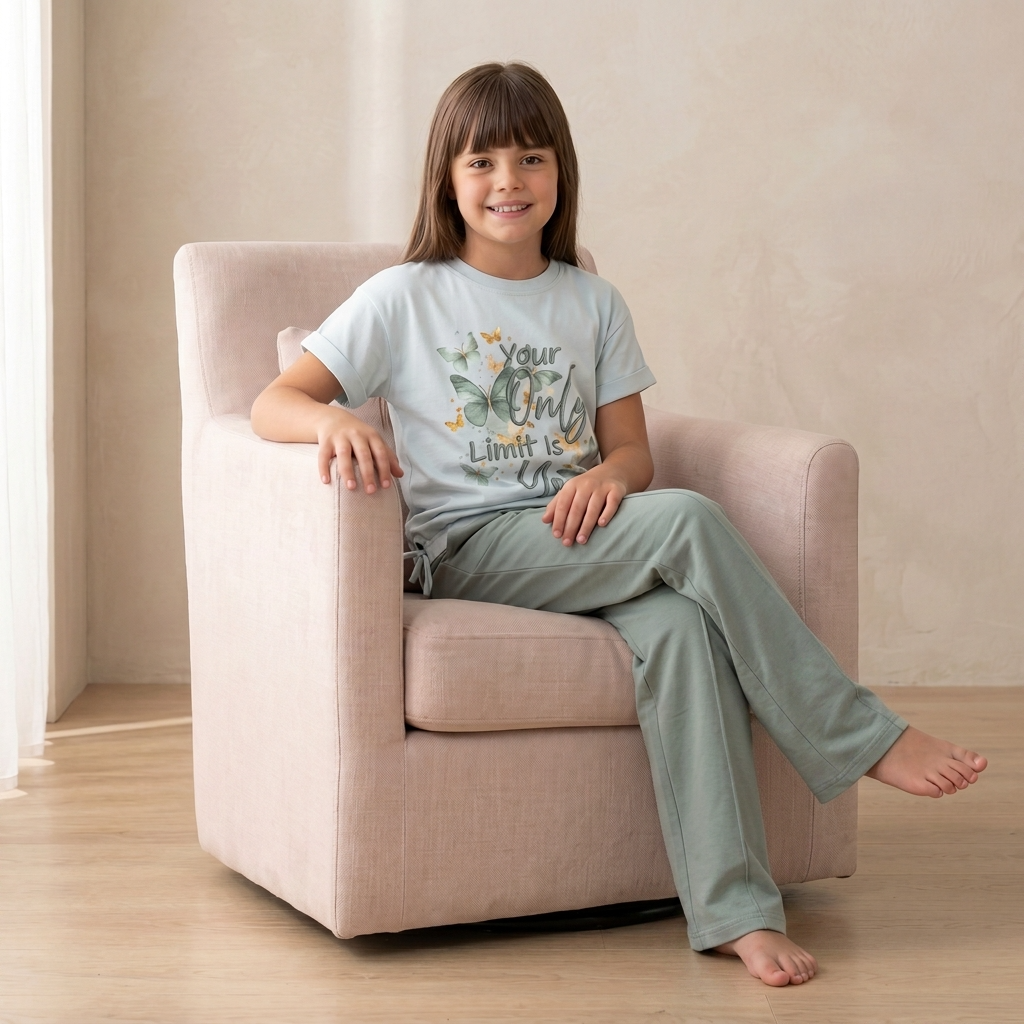 Child sitting on a pink chair wearing a light blue t-shirt and pants with a motivational quote.