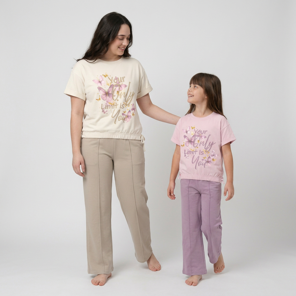 Woman and young girl wearing matching pajama sets with a floral design on a plain background