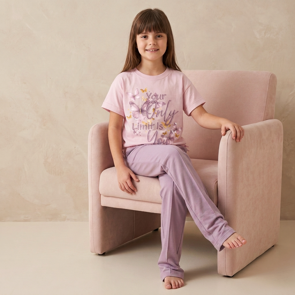 Young girl sitting on a pink chair wearing a pink t-shirt and purple pants with motivational text.