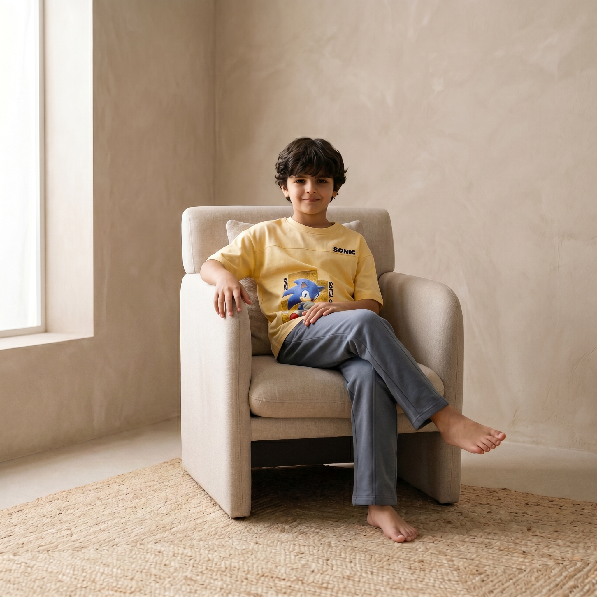 Child sitting on a beige armchair wearing a yellow Sonic the Hedgehog shirt in a room with a neutral color palette.