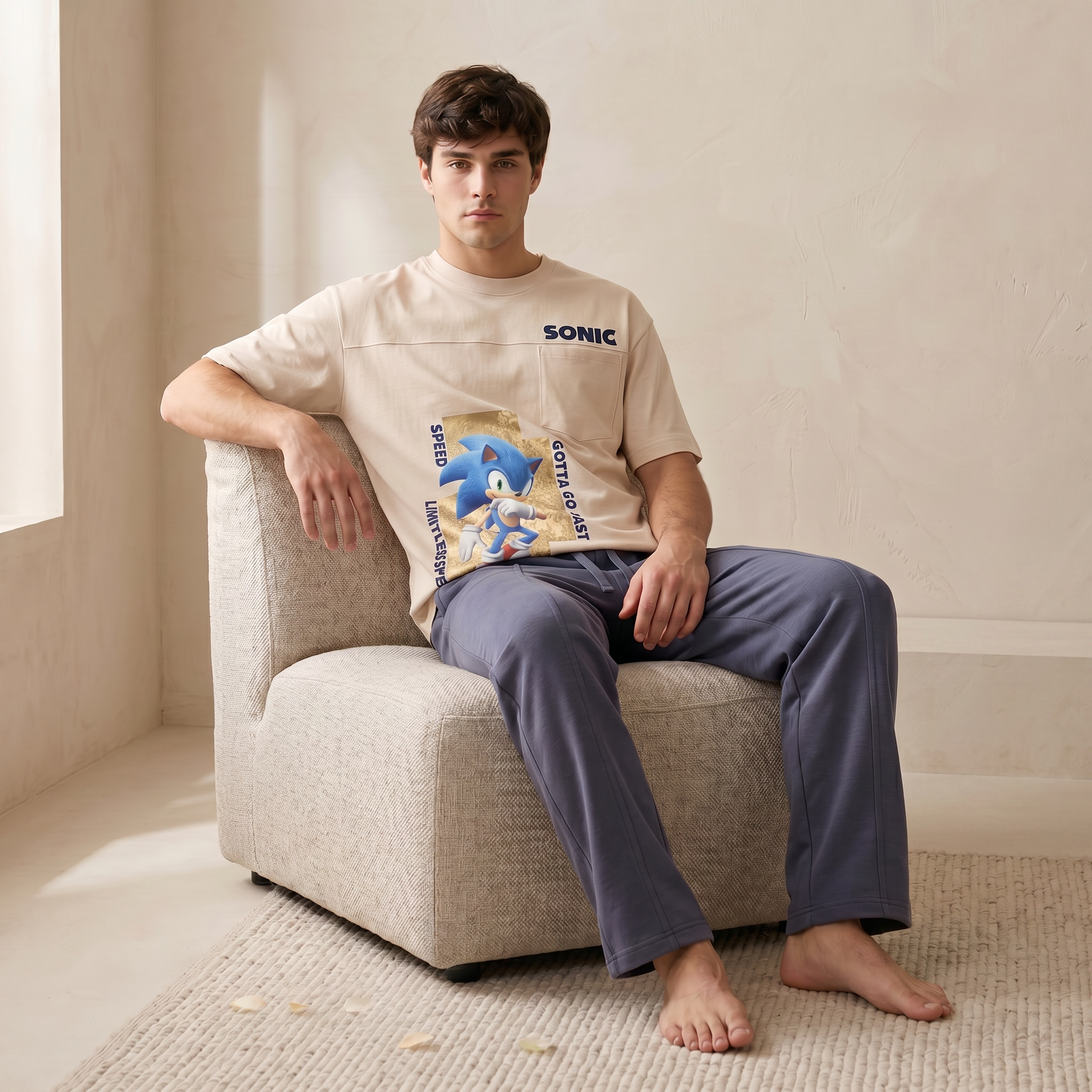 Person sitting on a chair wearing a Sonic the Hedgehog t-shirt and pants.