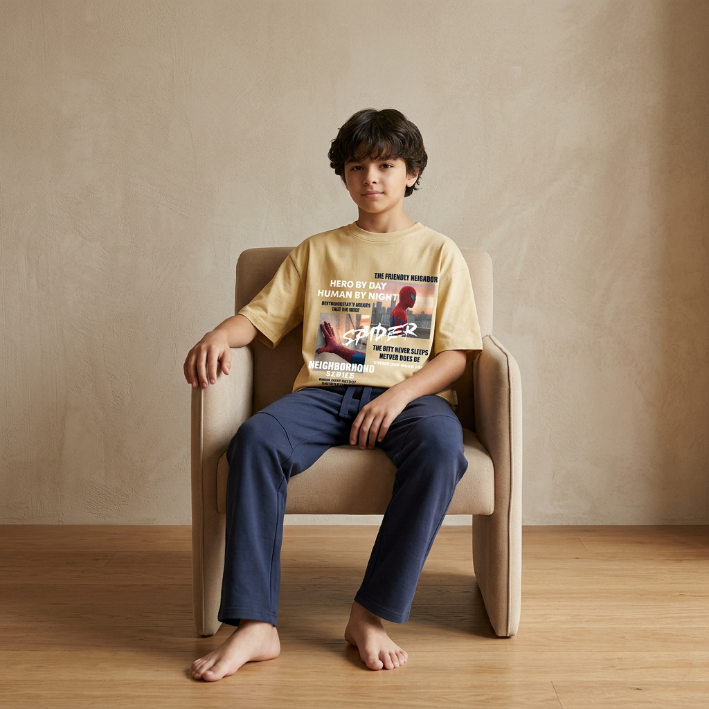 Child sitting on a chair wearing a Spider-Man t-shirt against a plain wall.