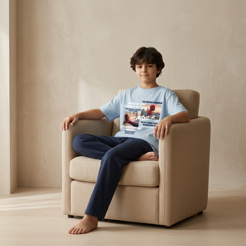 Child sitting on a beige armchair wearing a light blue t-shirt with a graphic design.