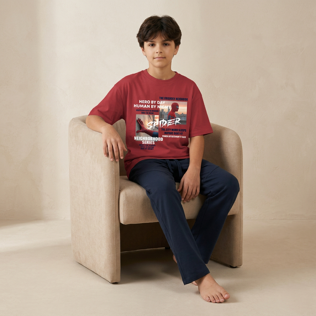 Child wearing a red t-shirt with graphic design sitting on a beige chair.
