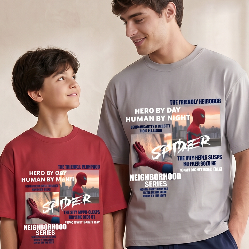 Two people wearing Spider-Man themed pajamas standing in a room with a neutral background.