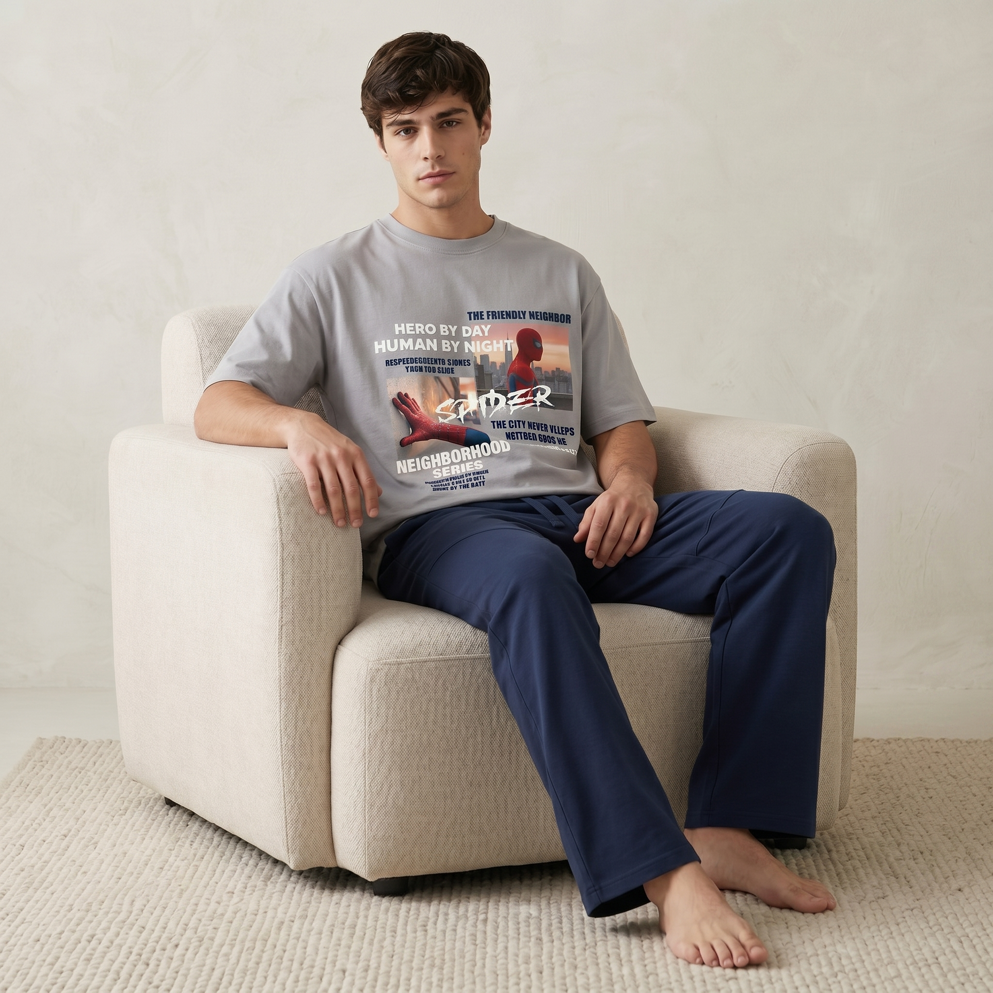 Person sitting on a chair wearing a Spider-Man t-shirt and blue pants.