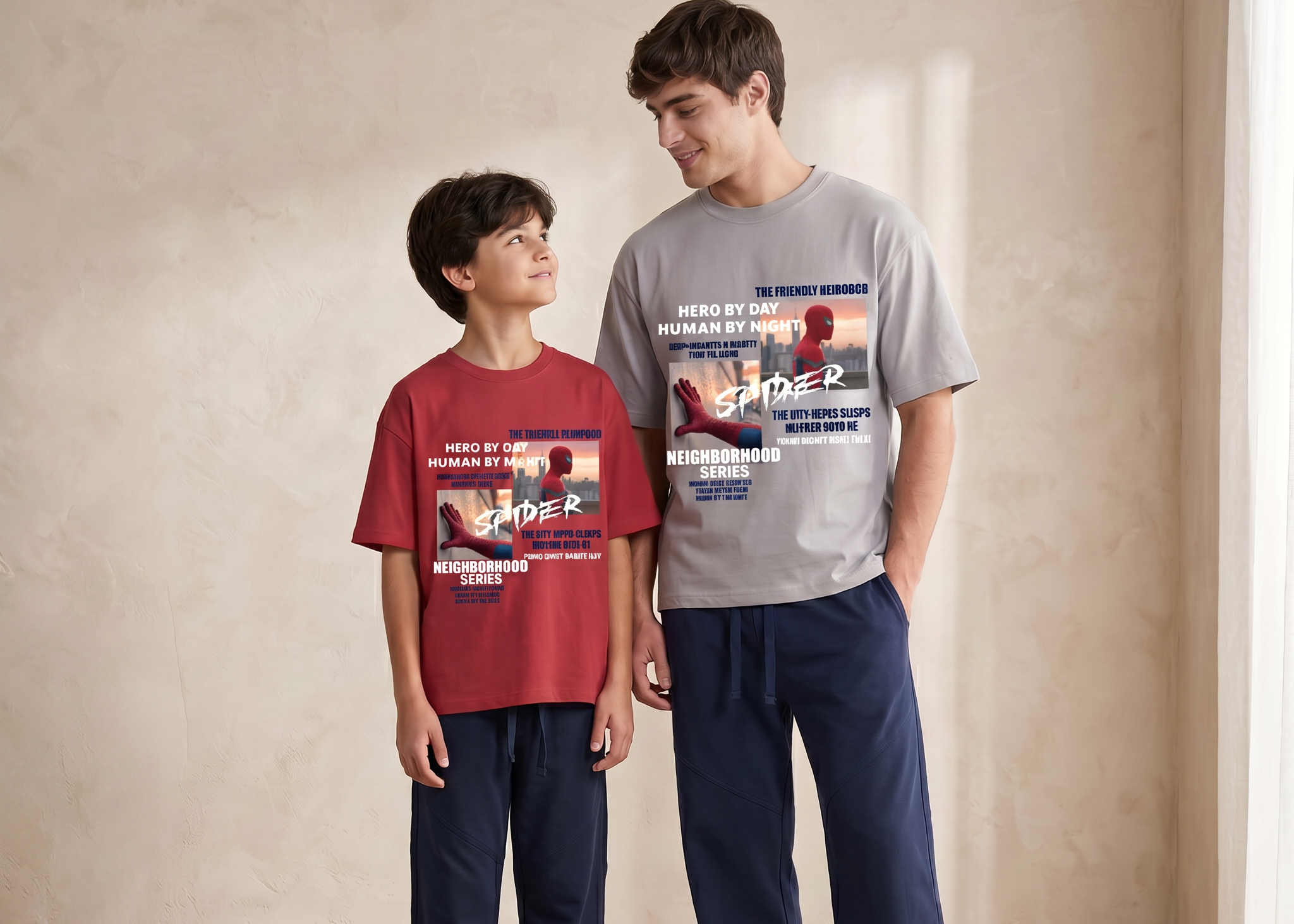 Two people wearing Spider-Man themed pajamas standing in a room with a neutral background.