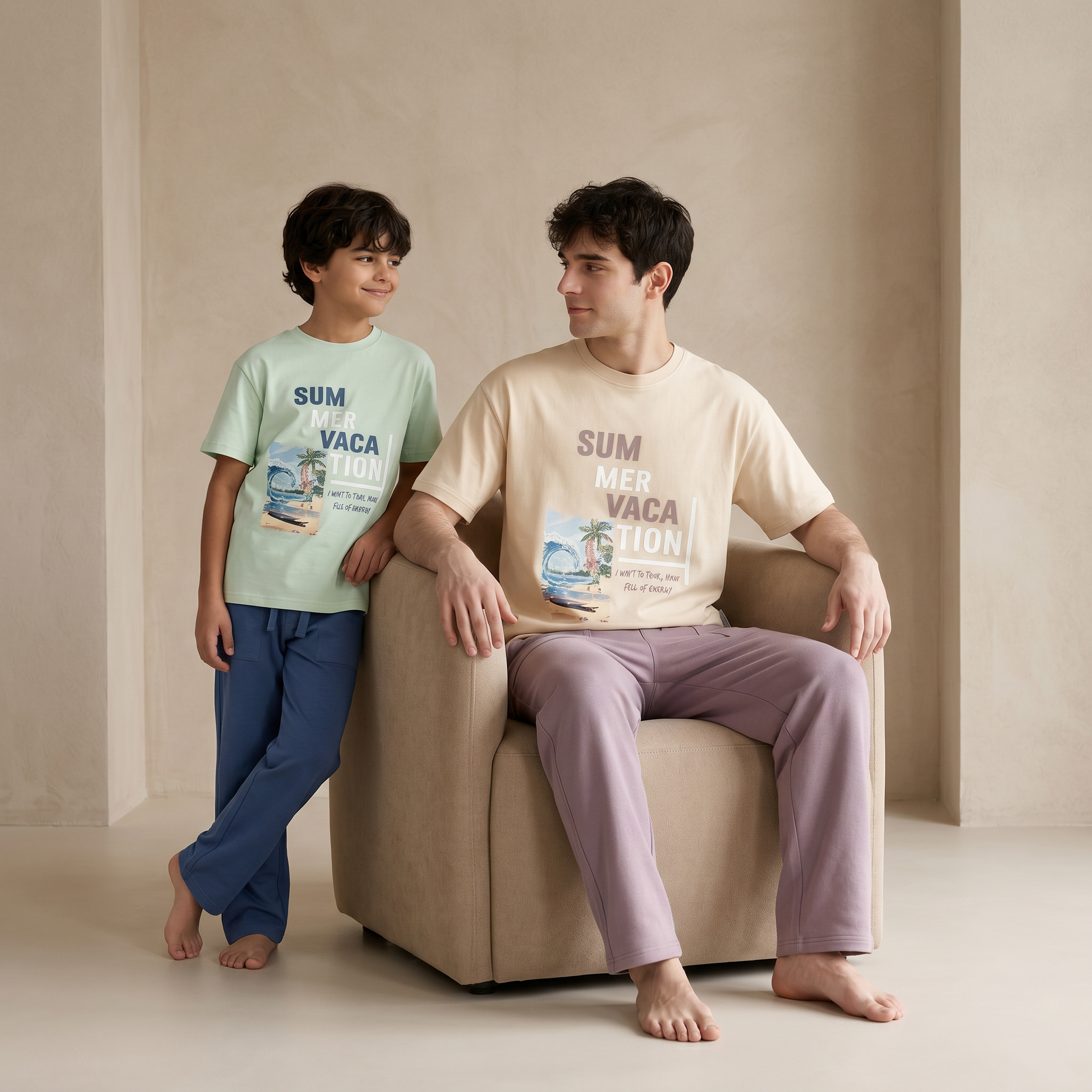 Two people wearing matching pajama sets with 'SUMMER VACATION' text and beach graphics.