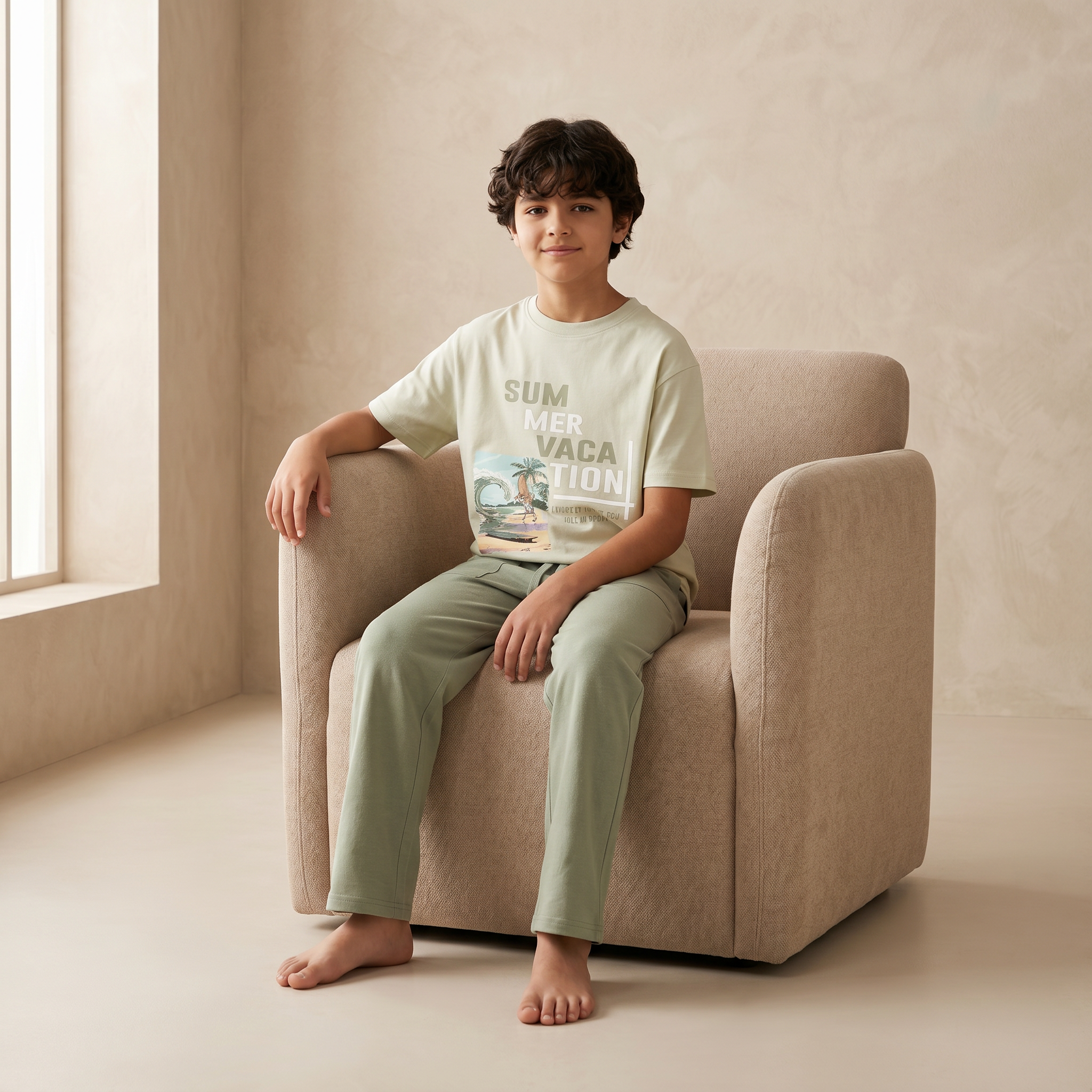 Child sitting on a beige armchair wearing a light green 'Summer Vacation' t-shirt in a softly lit room.