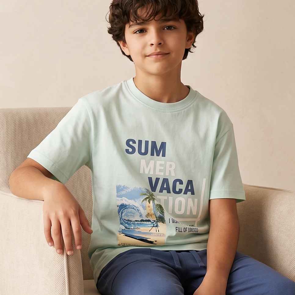 Child sitting on a chair wearing a light blue t-shirt with text and graphics, sitting against a beige background.