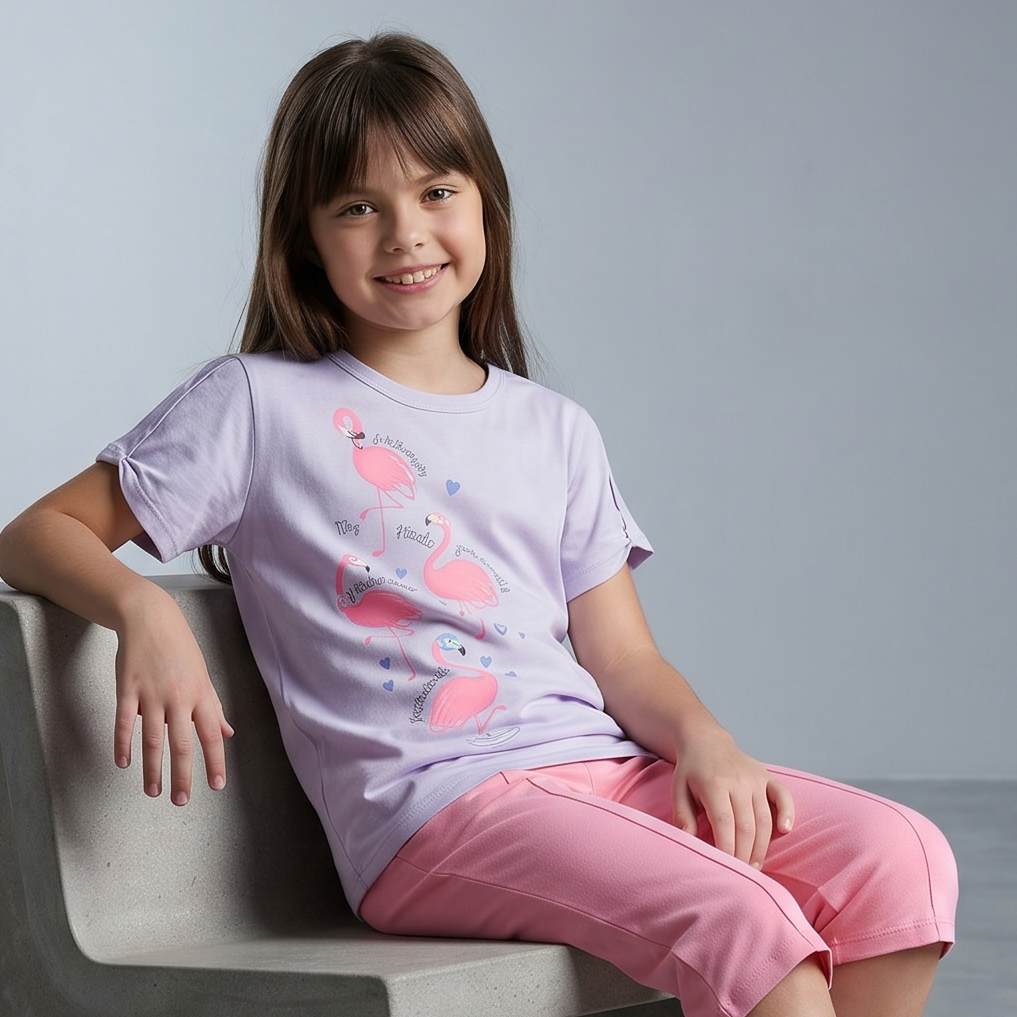 Young girl sitting on a concrete bench wearing a light purple t-shirt with pink designs and pink shorts.