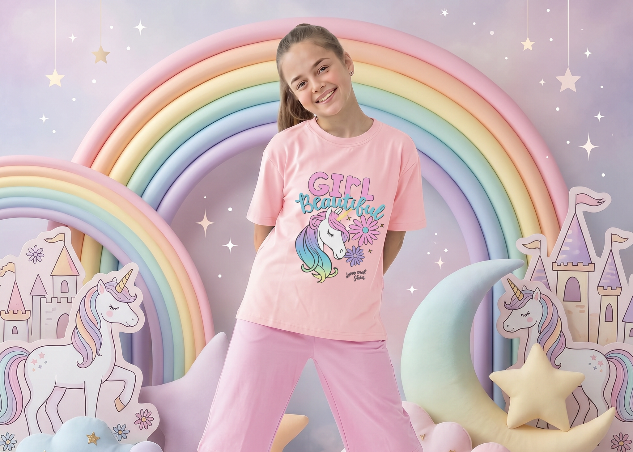 Child wearing a pink shirt with a unicorn design in a colorful room with rainbows and unicorns.